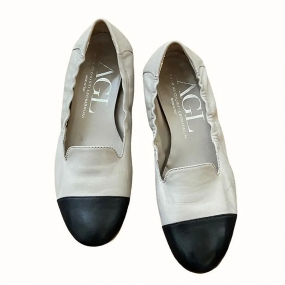 AGL Cap Toe Cream Taupe &‎ Black Smoking Flats Slip On Loafers - Picture 4 of 12